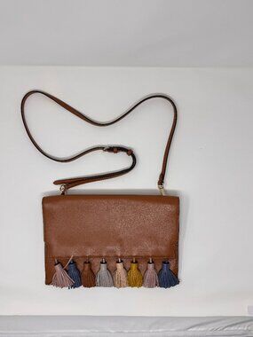 NWOT Rebecca Minkoff Sofia Multi Tassel Clutch Almond Leather Crossbody 11.5"